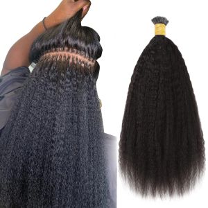 Extensions I Tip Hair Extensions Kinky Straight Human Hair # 1B Pré-lié Remy Micro Liens Extensions de cheveux humains Black Natural 1G / Strand