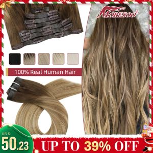 Extensions Moresoo PU Clip dans les Extensions de vrais cheveux humains droite sans couture Invisible 7 pièces Balayage Ombre #3/8/22 Machine Remy cheveux naturels