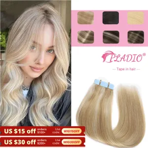 Extensions ruban de pladio dans les cheveux extensions des cheveux humains réels cheveux naturels européens raide blonde cutanée adhésives remy extension de cheveux