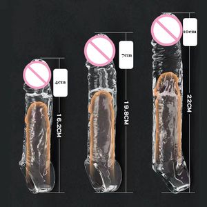 Extensions Transparante Penis Verlengen Mouw Herbruikbare Dildo Enhancer Vertraging Ejaculatie Cock Ringen Nozzle Speeltjes voor Mannen 230920