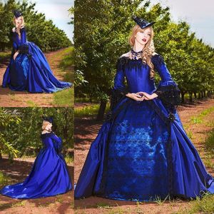 Vestido de fiesta victoriano gótico vintage Vestidos de fiesta Nuevo 2021 Manga larga de poeta Apliques de encaje Rebordear Vestidos de fiesta de noche de mascarada azul