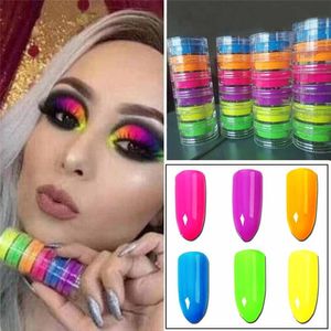 Sombra de ojos en polvo 6 colores en 1 juego Fluorescente Neón Pigmento Sombra de ojos Cosméticos de belleza Nail Art Powder