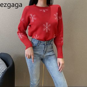 Ezgaga Suéter de Navidad Mujer Casual Suelto O-cuello Manga larga Delgado Interior Desgaste individual Copo de nieve perezoso Señoras Jersey Rojo Invierno 210430