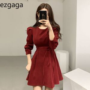 Ezgaga élégant à lacets robe femmes automne hiver col rond tempérament solide bureau dame coréenne robe de soirée Vestidos Feminino 210430