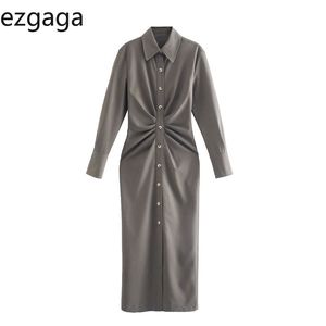 Ezgaga Vestido de manga larga Mujer Moda Undefined Ruched Single Breasted Sólido Gris Office Lady Dress Vestidos elegantes Feminino 210430