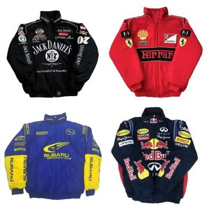 F1 Team Workwear Nouvelle veste rembourrée en coton de course entièrement brodée Logo de voiture Vestes de broderie complètes Vestes de moto rétro de style universitaire rg