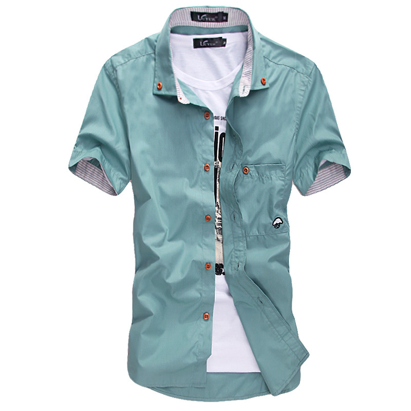 Wholesale-The new summer Style men's shirt style dress embroidered stripes hit color mushroom cultivating short-sleeved The Fashion Design