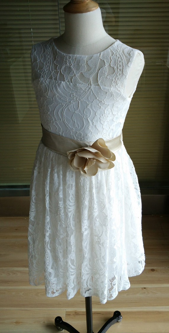 Ivory Lace Tulle Flower Girl Dress Tutu Princess Kids Children Girl Dress Junior Bridesmaid Dress With Champagne Sash Detachable For Wedding