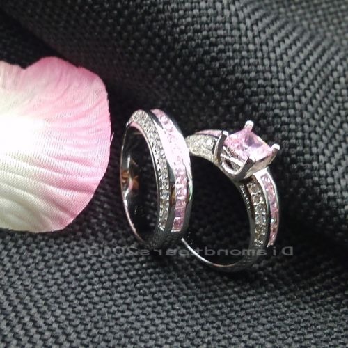 10K White Gold Filled Pink Sapphire Princess Cut Wedding Ring Set for Women