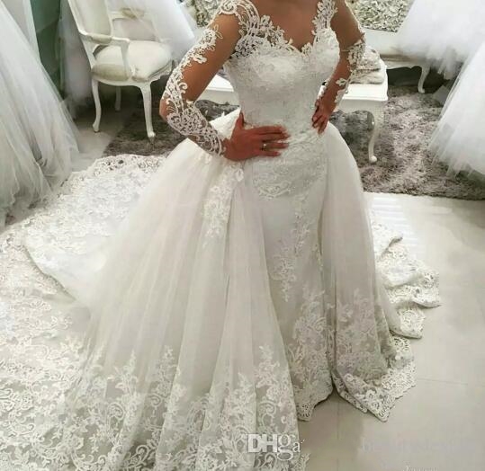 2019 Lace Illusion Long Sleeve Dresses A Line Detachable Overskirt Wedding Gowns V Neck Bridal Gown Robe De Mariage 0510
