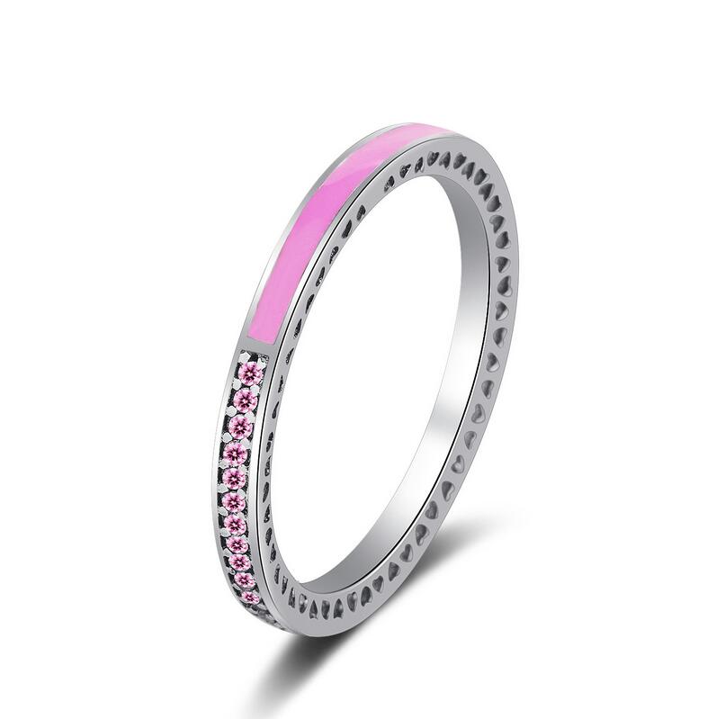 Size 5-9 Luxury Jewelry 925 Sterling Silver Radiant Hearts Orchid Pink Enamel & Cerise Crystals Sapphire Finger Ring for Women Wedding Gift
