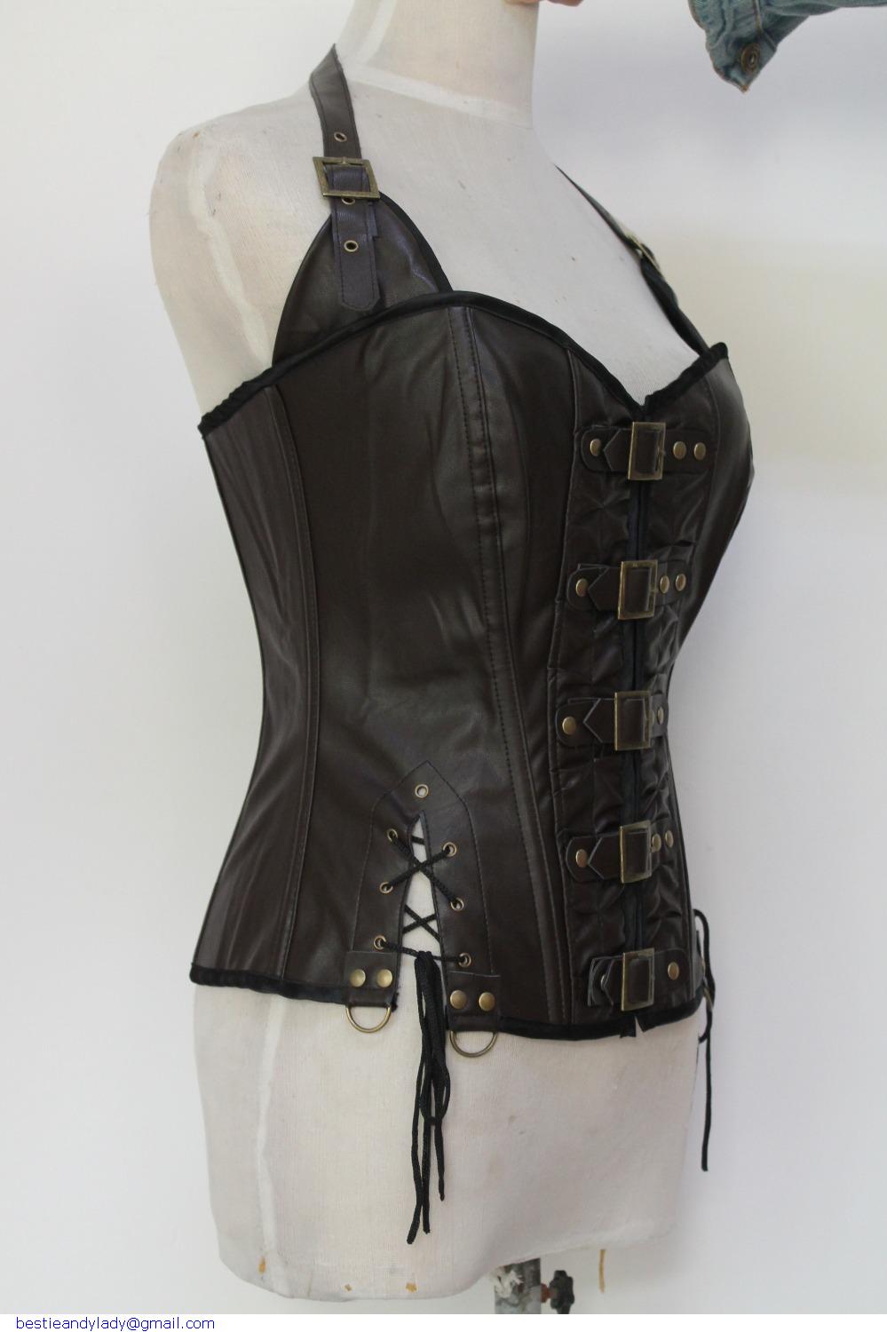 Buckle-up Steampunk Corset Halterneck PU Leather Bodyshaper Corselet Butt Lifter Women Body Shaper Waist Cincher LC5342 Drop Ship