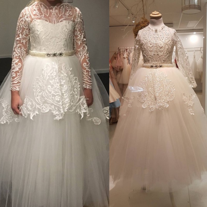 Real Picture Long Sleeve Girls Pageant Dresses Applique Floor Length Flower Girl Dress For Wedding Gown Kids Formal Dress Christmas Wear