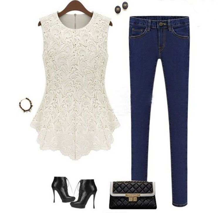2014 Popular Style Women's Sleeveless Crew Collar Lace Peplum Blouse Top Vest Shirts For Women's Clothing