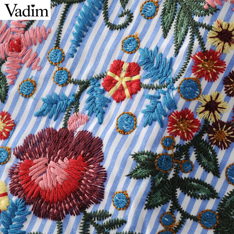 Wholesale- Vadim off shouder floral embroidery striped shirts sweet ruffles short sleeve blouse ladies casual brand tops blusas DT1103