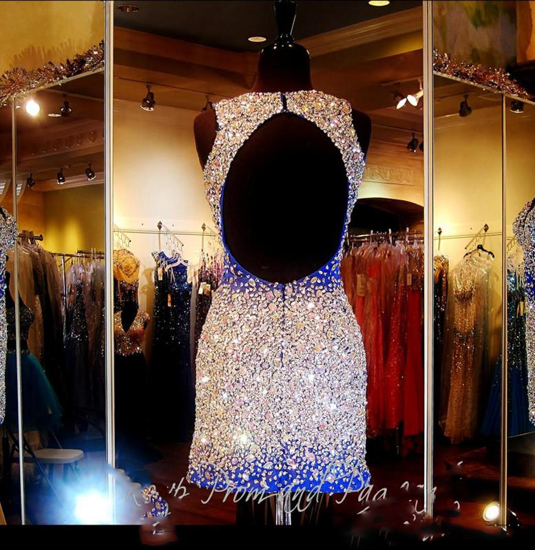 Shiny Crystal 2016 Short Prom Dresses Evening Wear 3 Colors Major Beading Backless Bling Bling Girl Prom Gowns Plus Size