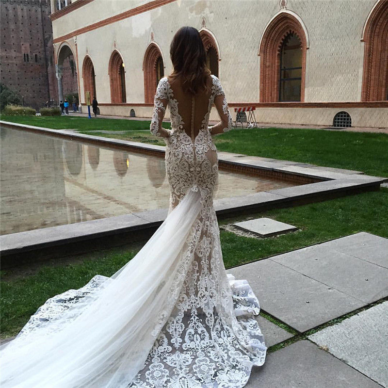 V Neck Long Sleeve Bohemian Wedding Dresses Illusion Sweep Train Lace Applique Mermaid Wedding Dress Plus Size Sexy Beach Bridal Gown