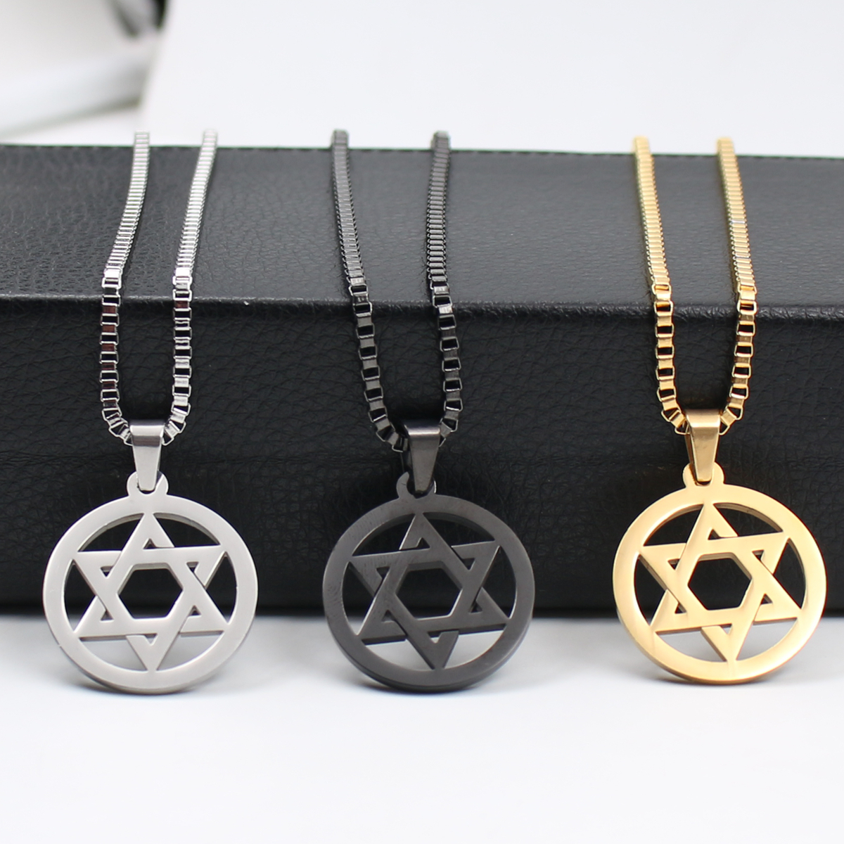 Silver gold black choose Men's ICP 316L Stainless Steel star of David design Pendant Fashion necklace 2.4mm 24 inch box chain