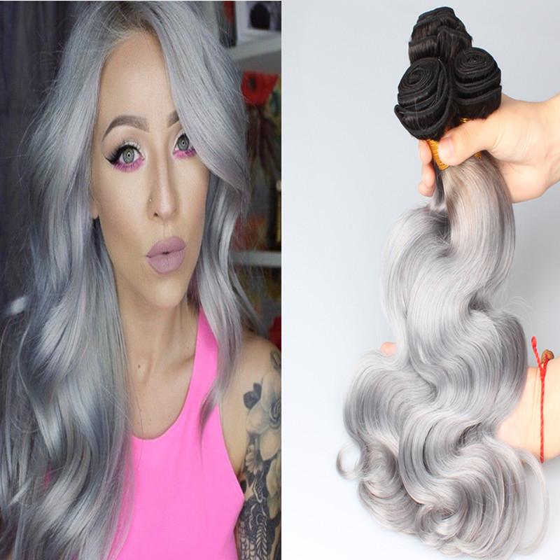 Ombre Silver Grey Brazilian Human Hair Extensions Two Tone 1B/Grey Peruvian Malaysian Indian Cambodian Body Wave Human Hair Weave Bundles