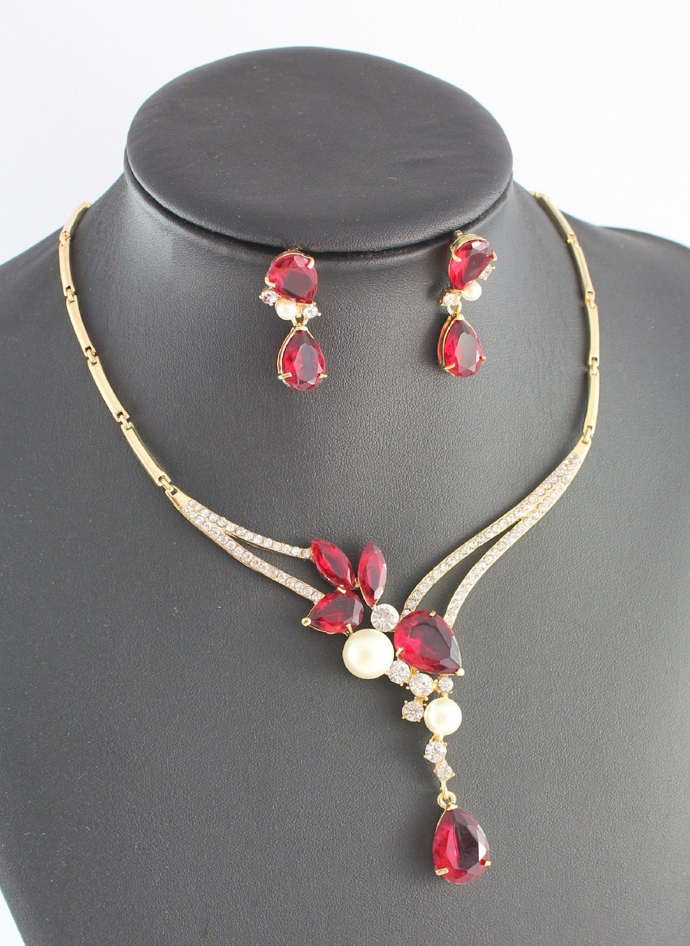 Fashion White Pearl Ruby/Black/Sapphire Garnet Gold Plated Crystal Necklace Earrings Wedding Party Jewelry Set