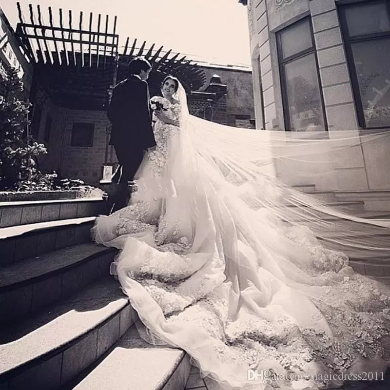 Michael Cinco Castle Church Wedding Dresses A e Off the shoulder with Long Sleeve Modest 3D ral Lace Cathedral Train Bridal Gowns