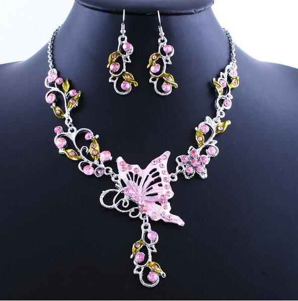 6 Colors Women Butterfly Flower Rhinestone Pendant Statement Necklace Earrings Jewelry Set Fashion Jewelry Bridal Wedding Dress Jewelry Sets
