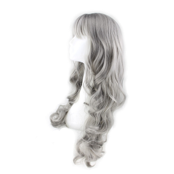 grey wig with neat bangs long curly synthetic natural wavy wigs grandmother gray hair women