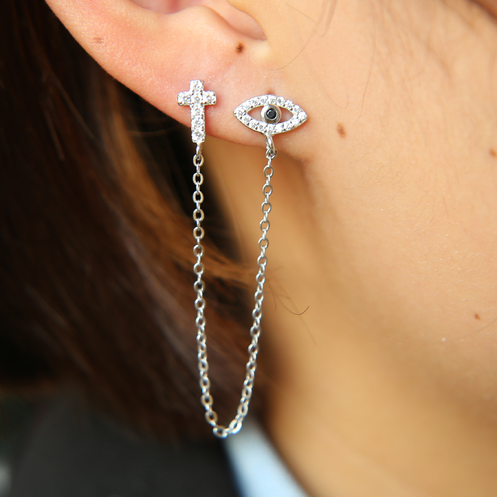 Sterg Sier Double Hole Evil Eye Charm Dangle Earrings