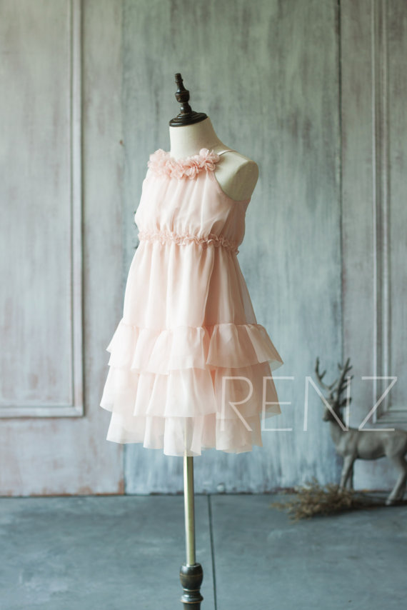 2020 Blush Pink Junior Bridesmaid Dress, Ruffle Flower Girl Dress, Rosette dress, Floor length, Floral Headdress