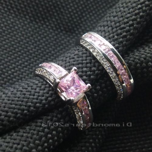 10K White Gold Filled Pink Sapphire Princess Cut Wedding Ring Set for Women
