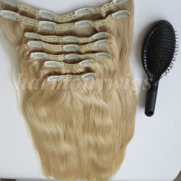 260g 20 22inch Clip in human Hair Extensions Brazilian Hair 60#/Platinum Blonde Remy Straight Hair weaves 7pcs/set free comb