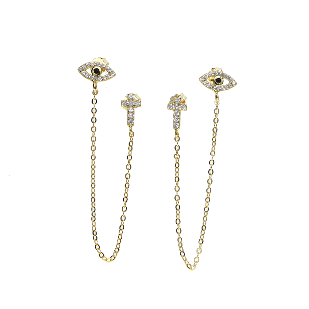 Sterg Sier Double Hole Evil Eye Charm Dangle Earrings