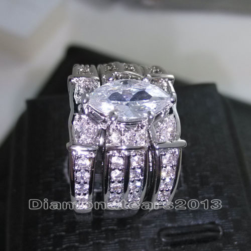 Size 5/6/7/8/9/10 Retro Jewelry 14kt white gold filled topaz Pear cut Simulated Diamond Women Wedding Ring set (3in 1) gift with box