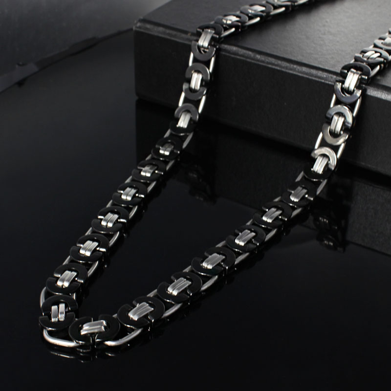 Best Quality Jewlery Set 8mm Black Silver Flat byzantine chain necklace & bracelet 316L Stainless Steel for Husband / Father Gift jewelry