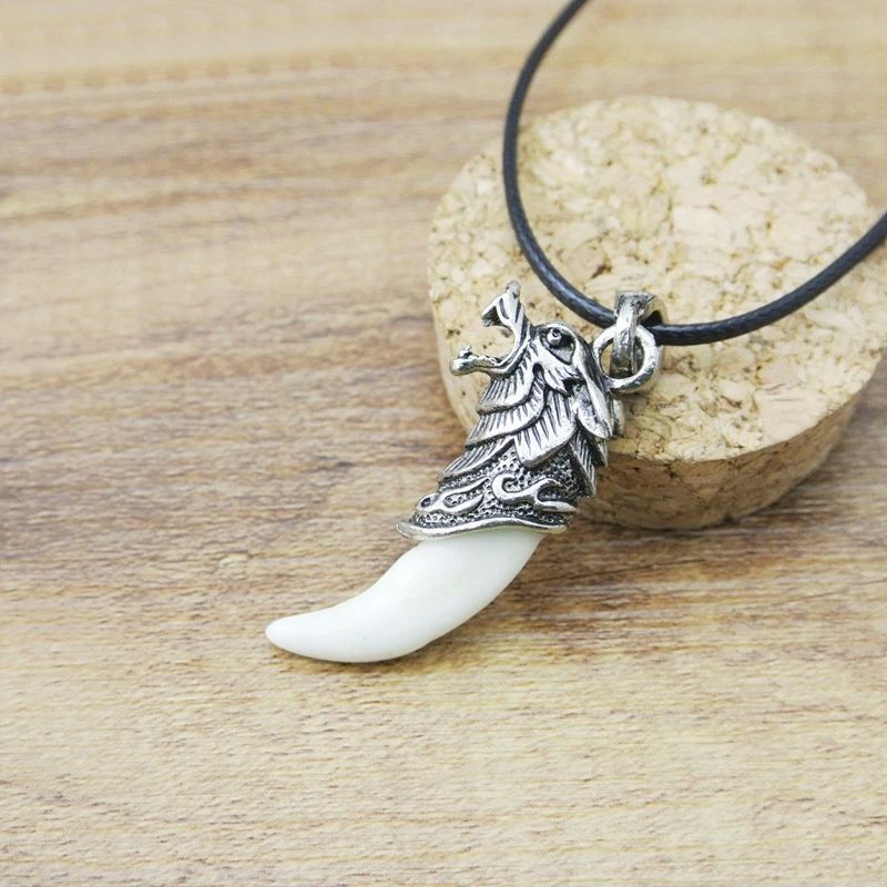 Men Antique Silver Tribal Stark Wolf Fang Tooth Pendant Necklace, Vintage Wolf Tooth Dragon Alloy Pendant Necklace ZMPJ180#C4