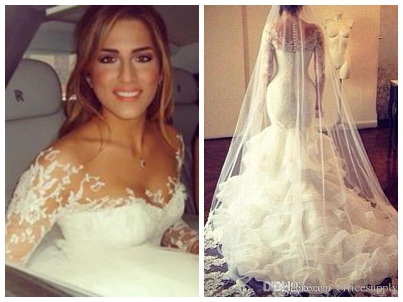 2017 Cheap lace wedding dresses mermaid long Sleeves V Neck Illusion Bodice Lace Appliques Tulle Court Train Tiered Button back bridal gowns, White
2017 Cheap lace wedding dresses mermaid long Sleeves V Neck Illusion Bodice Lace Appliques Tulle Court Train Tiered Button back bridal gowns, White