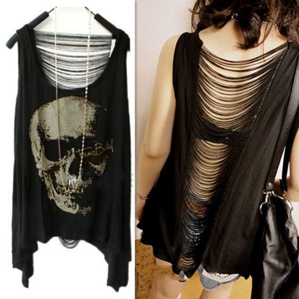 New 2014 Hot Irregular Hollow Tassel Skull Printed Women Tank Tops,Casual Women Pullovers,Summer Women Clothing