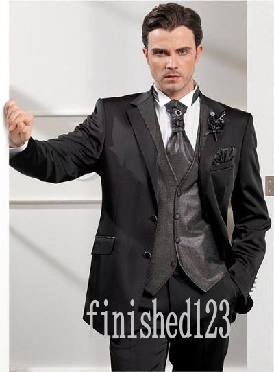 New Arrivals Two Buttons Black Groom Tuxedos Notch Lapel Groomsmen Best Man Wedding Prom Dinner Suits (Jacket+Pants+Vest+Tie) G3997