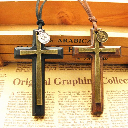 Xmas gifts Double alloy wooden Cross pendant necklace vintage sweater chain Leather cord men women jewelry handmade stylish