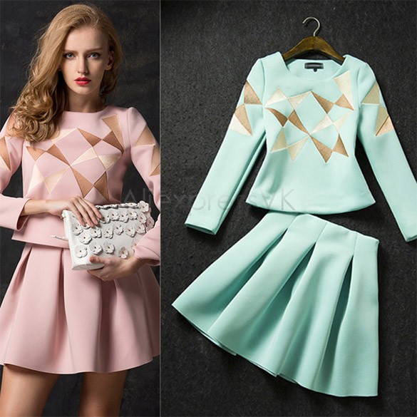 2015 Women Clothing Elegant Lady Long Sleeve O-Neck Geometric Pattern Mini Office Dress M-XL b7 CB032004