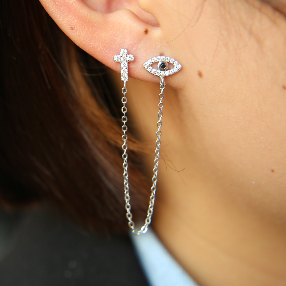 Sterg Sier Double Hole Evil Eye Charm Dangle Earrings