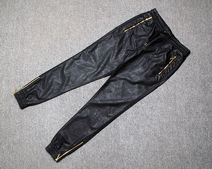 Wholesale-Top Quality Mens Leather Pants Gold Zipper HipHop Pants Trackpants Perfect Fit Slim Motorcycle Leather jogger Pants EUR Size