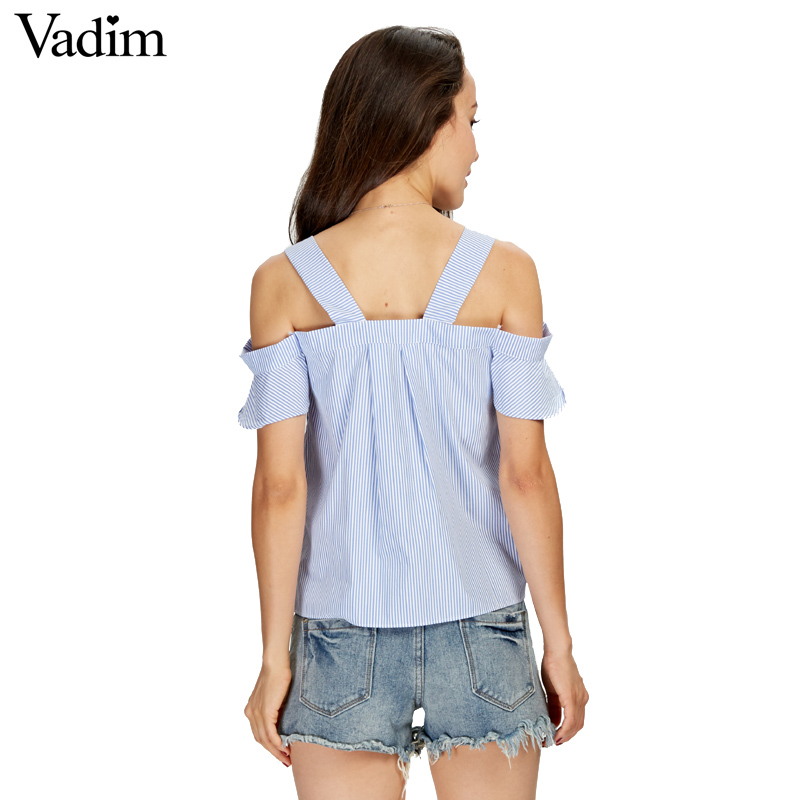 Wholesale- Vadim off shouder floral embroidery striped shirts sweet ruffles short sleeve blouse ladies casual brand tops blusas DT1103