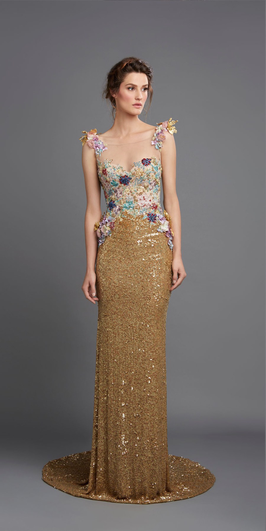 Sparkly Sequined Evening Dresses Hamda Al Fahim Sheer Jewel Neck Floral Appliqued Prom Gowns Sweep Train Keyhole Back Evening Dress