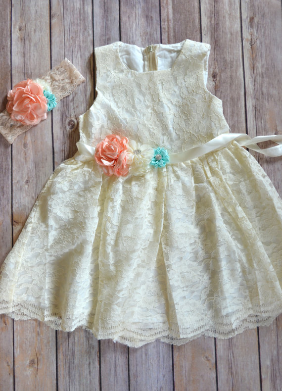 Clothes Roupas Infantis Menino Baby Clothes Coral Mint Ivory Lace Flower Girl Dress Headband Set, Wedding Dress, Wedding, Vintage Style