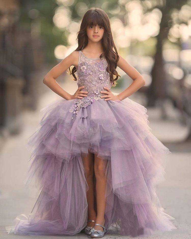 New Pageant Dresses Princess Tulle High Low Length Lace Appliques Lilac Kids Wer Girls Dress Ball Gown Cheap Birthday Gowns 0705