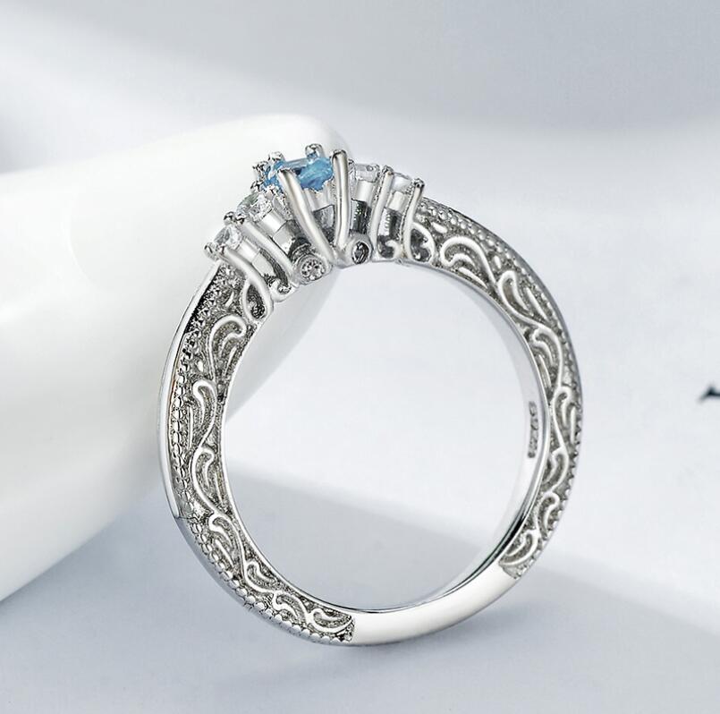 Sterg Sier Pear Aquamarine Gemstone Zirconia Decorative Pattern Ring for Women