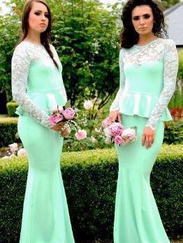 2017 Mint Green Chiffon Mermaid Bridesmaid Dresses Long Cheap Crew Illusion Long Sleeve With Peplum Maid Of Honor Gowns Custom Made EN11219