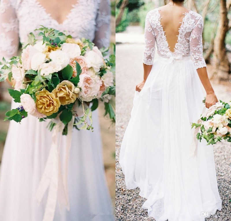 Lace Chiffon Bridal Dresses Boho 2019 Bohemian V-neck 3/4 Long Sleeves Low Back A-line Wedding Dresses With Pleats Cheap Plus Size, Gold
Lace Chiffon Bridal Dresses Boho 2019 Bohemian V-neck 3/4 Long Sleeves Low Back A-line Wedding Dresses With Pleats Cheap Plus Size, Gold
