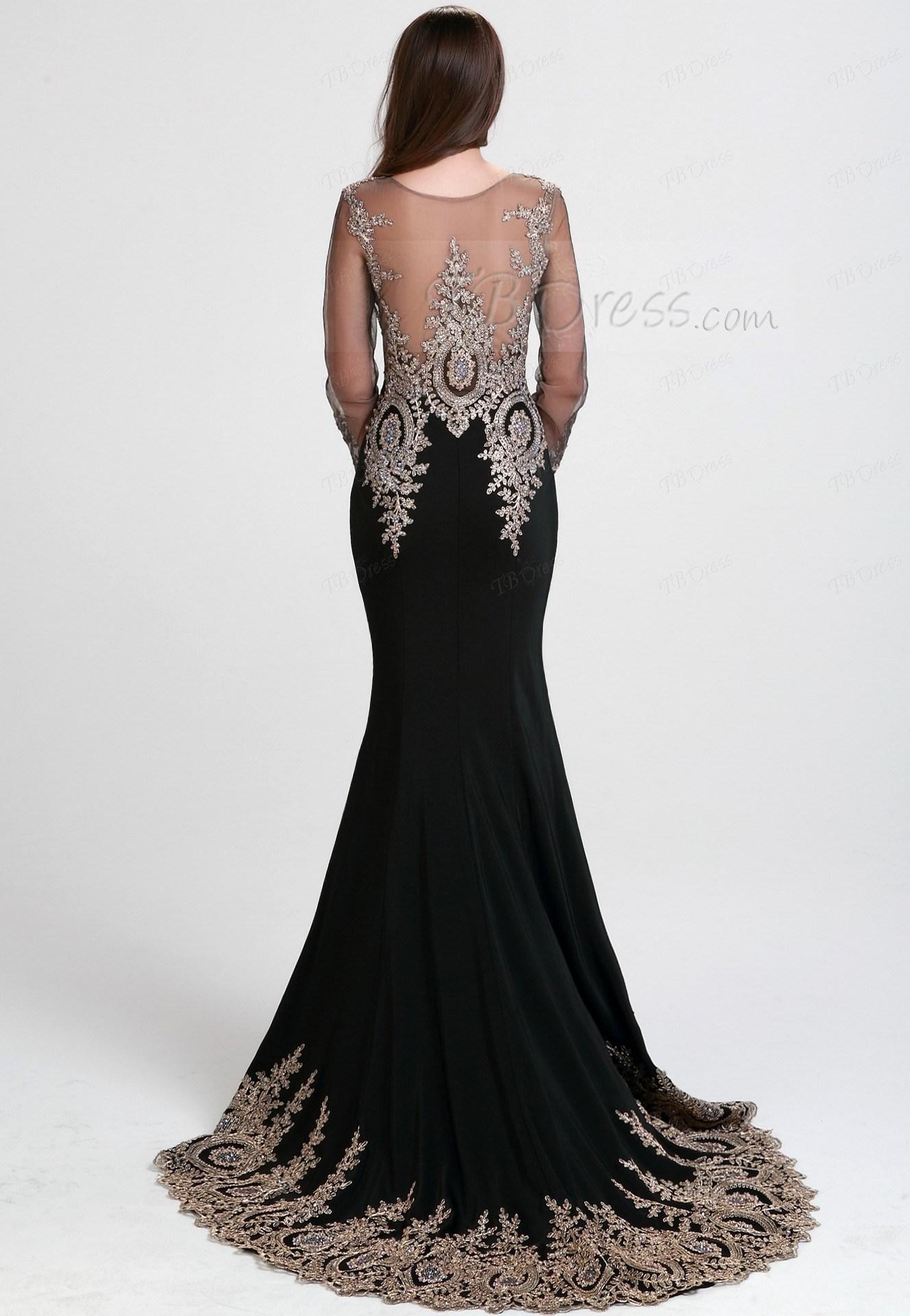 2016 Hot Sale Fashion New Arrival Charming Free Shipping Long Sleeve Appliques Sheer Neck Mermaid Black Satin Evening Dresses 1022